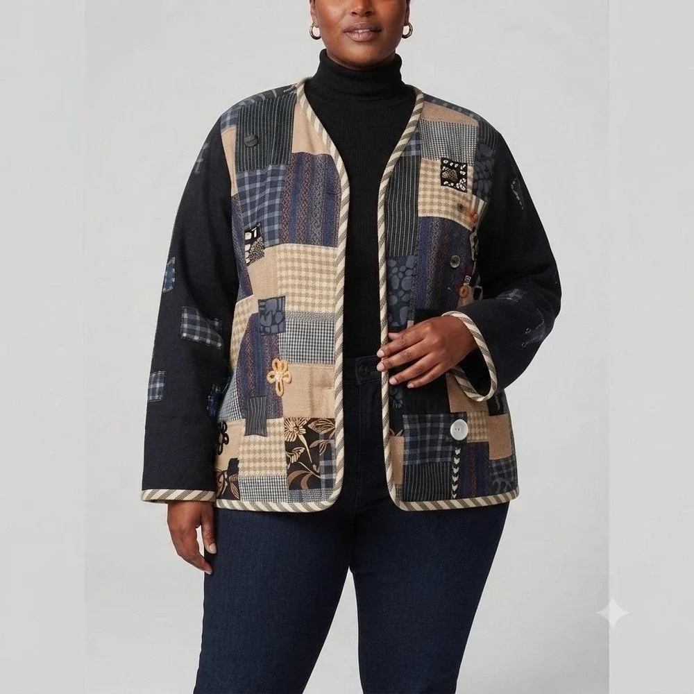 Stephanie Thomas Sport Art To Wear Patchwork Button Embellished Blazer Size 3X
